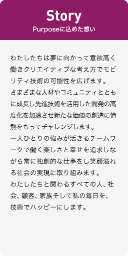 Story（Purposeに込めた想い）：わたしたちは夢に向かって意欲高く働きクリエイティブな考え方でモビリティ技術の可能性を広げます。さまざまな人材やコミュニティとともに成長し先進技術を活用した開発の高度化を加速させ新たな価値の創造に情熱をもってチャレンジします。一人ひとりの強みが活きるチームワークで働く楽しさと幸せを追求しながら常に独創的な仕事をし笑顔溢れる社会の実現に取り組みます。わたしたちと関わるすべての人、社会、顧客、家族そして私の毎日を、技術でハッピーにします。