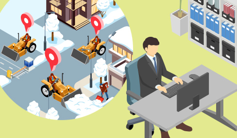 自治体職員が役所から遠隔で除雪状況を確認しているイメージ