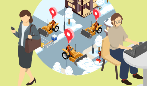 住民たちが自宅や外出先からPC/スマホを使って街の除雪状況を確認しているイメージ