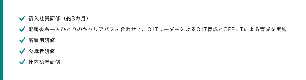 新入社員研修（約3カ月） 配属後も一人ひとりのキャリアパスに合わせて、OJTリーダーによるOJT育成とOFF-JTによる育成を実施 階層別研修 役職者研修 社内語学研修
